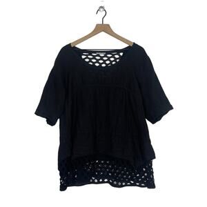 Made in Italy Mesh Layered Top Women's Size Large Black 100% Linen Short Sleeve